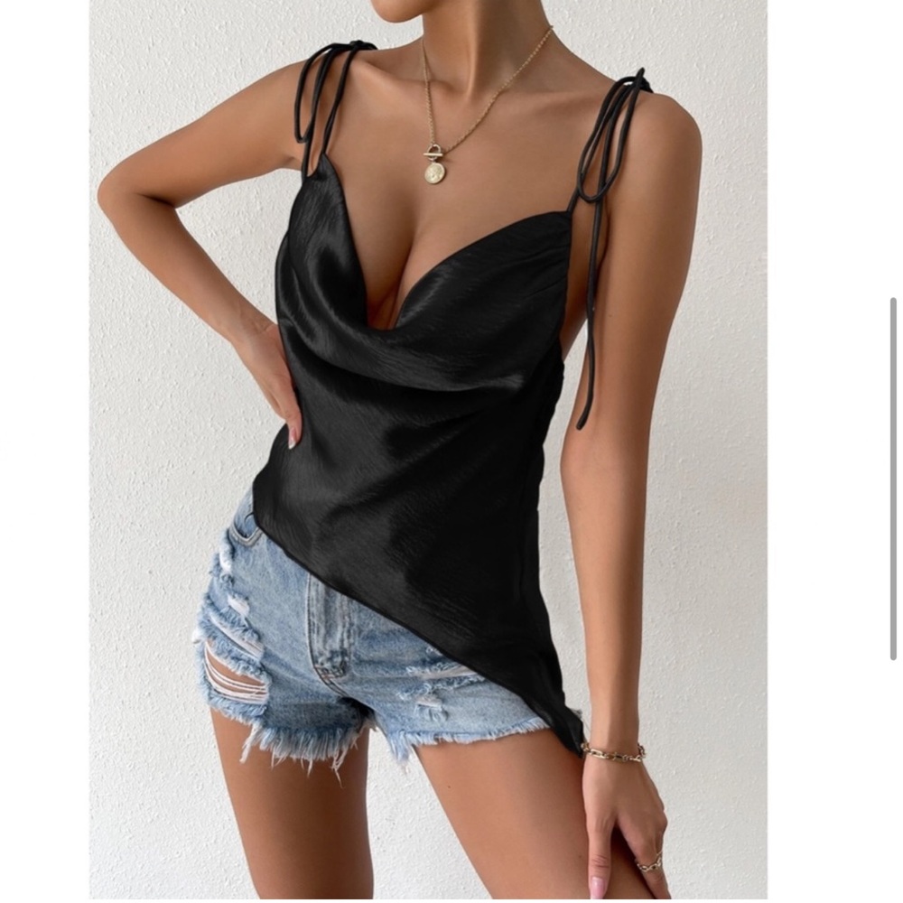 Black Color Glamorous Cowl Neck Tie Strap Camisole Top - Picture 6 of 16